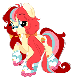 Size: 1809x1906 | Tagged: safe, artist:emberslament, derpibooru exclusive, derpibooru import, oc, oc only, oc:cheery jubilee, earth pony, pony, bandage, bandaid, bandaid on nose, blaze (coat marking), bow, coat markings, cute, earth pony oc, facial markings, female, hair bow, heart, heart eyes, mare, pigtails, roller skates, simple background, skates, solo, transparent background, twintails, wingding eyes