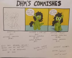 Size: 1112x889 | Tagged: safe, artist:dhm, derpibooru import, oc, oc:anon filly, pony, advertisement, colored pencil drawing, commission info, female, filly, foal, marker drawing, panels, pen drawing, pencil drawing, selling out, solo, speech bubble, text, traditional art