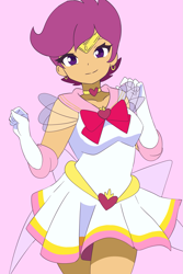 Size: 1233x1850 | Tagged: safe, artist:aokushan, derpibooru import, scootaloo, human, equestria girls, g4, alternate hairstyle, chibi moon, clothes, cosplay, costume, cute, cutealoo, ear piercing, earring, female, jewelry, piercing, pink background, sailor moon (series), sailor uniform, simple background, skirt, smiling, solo, uniform