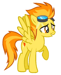 Size: 488x603 | Tagged: safe, artist:durpy, derpibooru import, spitfire, pegasus, pony, g4, season 1, the best night ever, cute, cutefire, female, goggles, goggles on head, lidded eyes, mare, ms paint, raised hoof, raised leg, solo, talking