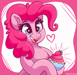 Size: 2900x2814 | Tagged: safe, artist:graphene, derpibooru import, pinkie pie, earth pony, pony, semi-anthro, g4, cupcake, cute, daaaaaaaaaaaw, diapinkes, eyebrows, eyebrows visible through hair, female, food, happy, heart, mare, open mouth, open smile, smiling, solo, weapons-grade cute