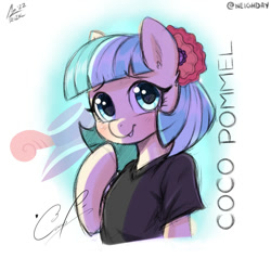 Size: 1200x1200 | Tagged: safe, artist:aer0 zer0, derpibooru import, edit, coco pommel, earth pony, pony, semi-anthro, g4, clothes, female, flower, flower in hair, mare, shirt, simple background, smiling, solo, t-shirt, white background