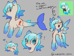 Size: 4096x3072 | Tagged: safe, artist:metaruscarlet, derpibooru import, oc, oc only, oc:beach crystal, merpony, original species, pegasus, pony, clothes, english, eyes closed, fish tail, gray background, heart, open mouth, pegasus oc, pony town, question mark, simple background, spread wings, tail, wing ears, wings