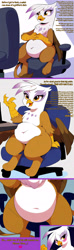 Size: 2000x6712 | Tagged: safe, ai content, artist:rupert, derpibooru import, generator:pony diffusion v6 xl, generator:stable diffusion, machine learning assisted, machine learning generated, gilda, griffon, series:ask white belly gilda, g4, ask, belly, belly button, big belly, chair, chubby, cute, dialogue, fat, featureless crotch, female, food, gildadorable, gildough, heart, high res, implied manehattan, lidded eyes, onomatopoeia, pale belly, plump, prompter:rupert, sitting, solo, stomach noise, tumblr, white belly