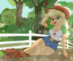 Size: 9582x8052 | Tagged: safe, artist:emeraldblast63, derpibooru import, part of a set, applejack, human, equestria girls, g4, apple, apple tree, applebucking thighs, applerack, bedroom eyes, boots, breasts, cleavage, clothes, cowboy hat, fence, freckles, hat, lens flare, lipstick, looking at you, shoes, stupid sexy applejack, sultry pose, sweet apple acres, thighs, thunder thighs, tree, wide hips