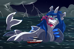 Size: 1500x990 | Tagged: source needed, safe, artist:muzz, derpibooru import, oc, oc only, oc:prince nova, hybrid, shark, unicorn, dorsal fin, fangs, fin, fins, fish tail, flowing mane, long tail, ocean, scales, swimming, tail, water