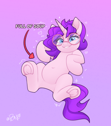 Size: 2177x2480 | Tagged: safe, artist:rivin177, derpibooru import, oc, oc only, oc:rivin, pony, unicorn, belly, belly button, blue eyes, cute, female, glasses, gradient background, grin, implied soup, looking at you, mare, meme, ocbetes, raised hoof, raised leg, smiling, solo, underhoof