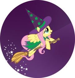 Size: 254x262 | Tagged: safe, artist:daniel jorge conci, derpibooru import, fluttershy, pegasus, pony, g4, broom, cape, circle background, clothes, female, flying, flying broomstick, hat, mare, official, panini, solo, sparkles, spread wings, stock vector, wings, witch costume, witch hat