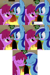 Size: 2562x3844 | Tagged: safe, artist:acersiii, derpibooru import, berry punch, berryshine, minuette, pony, g4, female, kissing, lesbian, mistletoe, ship:berrygate, shipping, tumblr:questioncolgatepony