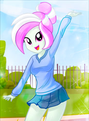 Size: 1052x1437 | Tagged: safe, artist:charliexe, derpibooru import, oc, oc only, oc:rosemile mulberry, human, collaboration, equestria girls, clothes, cute, female, fence, hair bun, looking at you, microskirt, miniskirt, ocbetes, open mouth, rosemile mulberry art collab, skirt, smiling, solo, sparkles