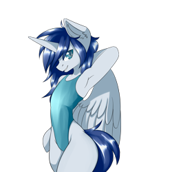 Size: 2000x2000 | Tagged: artist needed, source needed, safe, derpibooru import, oc, oc only, oc:prince nova, alicorn, semi-anthro, armpits, clothes, looking at you, one-piece swimsuit, simple background, solo, spread wings, swimsuit, transparent background, wings