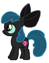 Size: 486x622 | Tagged: safe, anonymous artist, derpibooru import, apple bloom, queen chrysalis, earth pony, pony, g4, black bow, female, filly, foal, palette swap, recolor, simple background, smiling, solo, white background