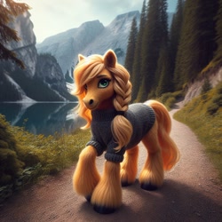 Size: 1024x1024 | Tagged: safe, ai content, machine learning generated, applejack, earth pony, pony, alternate hairstyle, bing, braid, clothes, female, fir tree, fluffy, hoers, mare, missing accessory, mountain, outdoors, path, semi-realistic, solo, sweater, trail, tree, unshorn fetlocks