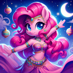 Size: 894x894 | Tagged: safe, ai content, generator:bing image creator, machine learning generated, pinkie pie, anthro, belly dancer, belly dancer outfit, crescent moon, prompter:mylittlesonicthepony, solo