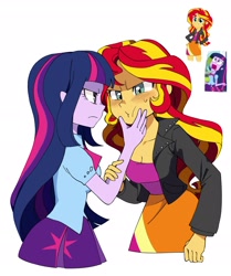 Size: 1945x2325 | Tagged: safe, artist:cheesesauce_45, derpibooru import, sunset shimmer, twilight sparkle, human, equestria girls, g4, annoyed, blouse, blush lines, blush sticker, blushing, bowtie, breasts, cleavage, clothes, duo, duo female, face grab, female, frown, furrowed brow, hand on face, jacket, leather jacket, long hair, looking at each other, looking at someone, puffy sleeves, reference, screencap reference, simple background, skirt, teenager, twiscream, white background