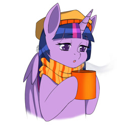 Size: 2000x2000 | Tagged: safe, artist:erein, derpibooru import, twilight sparkle, twilight sparkle (alicorn), alicorn, pony, g4, bedroom eyes, christmas, clothes, cold, colored, commission, cup, cute, ears up, female, flat colors, hat, high res, holiday, horn, multicolored hair, scarf, simple background, solo, striped scarf, white background, wings, winter