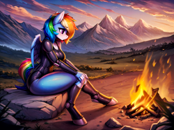 Size: 2048x1536 | Tagged: safe, ai content, derpibooru exclusive, derpibooru import, generator:easyfluff v11.2, generator:stable diffusion, machine learning generated, rainbow dash, anthro, pegasus, g4, alternate timeline, amputee, apocalypse dash, bodysuit, campfire, clothes, crystal war timeline, detailed background, female, fire, mountain, mountain range, prompter:furtek, prosthetic limb, prosthetics, robotic arm, sad, scenery, sitting, solo, wings