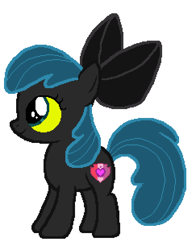 Size: 486x621 | Tagged: artist needed, safe, anonymous artist, derpibooru import, apple bloom, queen chrysalis, earth pony, pony, g4, black bow, female, filly, foal, palette swap, recolor, simple background, smiling, solo, ultimate chrysalis, white background