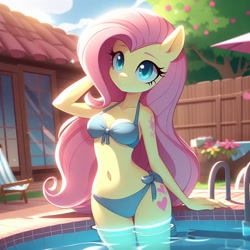 Size: 1024x1024 | Tagged: safe, ai content, derpibooru import, generator:bing image creator, generator:dall-e 3, machine learning generated, fluttershy, anthro, g4, adorasexy, arm behind head, belly button, bikini, blue bikini, breasts, cleavage, clothes, cute, legs in the water, outdoors, partially submerged, sexy, shyabetes, side-tie bikini, smiling, solo, standing in water, swimming pool, swimsuit, water, wingless, wingless anthro, wrong cutie mark