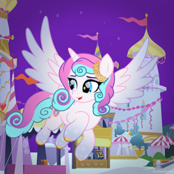 Size: 2000x2000 | Tagged: safe, alternate version, artist:lovinglypromise, derpibooru import, oc, oc only, oc:lovely promise, pony, alternate character, alternate universe, canterlot, female, flying, gliding, not flurry heart, offspring, parent:princess cadance, parent:shining armor, parents:shiningcadance, smiling, snow, snowflake, solo, spread wings, wings