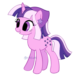 Size: 1585x1585 | Tagged: safe, artist:risswm, derpibooru import, twilight, pony, unicorn, g1, g4, bandana, ear piercing, earring, eye clipping through hair, female, g1 to g4, generation leap, grin, jewelry, mare, piercing, signature, simple background, smiling, solo, white background