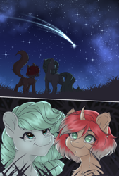 Size: 1300x1920 | Tagged: safe, artist:reins, derpibooru import, oc, earth pony, pony, butt, butt fluff, duo, night, plot, shooting star, stars