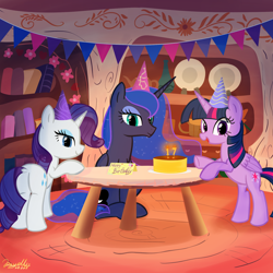 Size: 2048x2048 | Tagged: safe, artist:rayelli, derpibooru import, princess luna, rarity, twilight sparkle, twilight sparkle (alicorn), alicorn, pony, unicorn, g4, back, bipedal, birthday, book, butt, cake, dock, female, food, golden oaks library, happy birthday, hat, high res, looking at you, mare, open mouth, party hat, plate, plot, show accurate, sitting, standing, tail, trio, vase