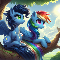 Size: 1024x1024 | Tagged: safe, ai content, derpibooru import, generator:bing image creator, machine learning generated, rainbow dash, soarin', g4, cloud, cloudy, female, in a tree, lying down, male, prompter:*rainbow dash*, shipping, sitting in a tree, sky, soarindash, straight, sun, tree, tree branch