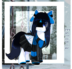 Size: 768x737 | Tagged: safe, artist:diniarvegafinahar, derpibooru import, pegasus, pony, bow, clothes, ears, estonia, eye clipping through hair, female, floppy ears, looking up, mare, nation ponies, one eye closed, ponified, scarf, skirt, snow, solo, species swap, sweater, tree, winter, winter outfit