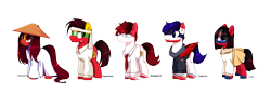 Size: 2888x1000 | Tagged: safe, artist:diniarvegafinahar, derpibooru import, part of a set, earth pony, pegasus, pony, asean, asian conical hat, clothes, eye clipping through hair, female, glasses, hat, headband, jacket, laos, male, mare, myanmar, nation ponies, necktie, ponified, scar, simple background, singapore, skirt, species swap, stallion, stars, thailand, transparent background, vietnam