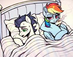 Size: 1152x896 | Tagged: safe, ai content, derpibooru import, generator:pony diffusion v6 xl, generator:stable diffusion, machine learning generated, rainbow dash, soarin', pegasus, pony, g4, aftersex, armpits, bed, bedsheets, chest fluff, cigarette, cigarette smoke, duo, duo male and female, exhausted, faic, female, gradient background, hooves behind head, looking at you, lying down, lying on bed, male, mare, on bed, open mouth, partial color, pillow, prompter:tyto4tme4l, ruined for marriage, shipping, smiling, smiling at you, smoking, smug, smugdash, soarindash, stallion, straight, sweat, tired