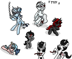 Size: 980x810 | Tagged: safe, artist:taoyvfei, derpibooru import, cozy glow, king sombra, oc, oc:taoyvfei, earth pony, pegasus, pony, unicorn, bipedal, crying, genshin impact, horn, isaac, lilith（the binding of isaac）, neuvillette (genshin impact ), shenhe (genshin impact), the binding of isaac
