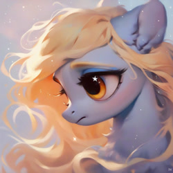 Size: 1024x1024 | Tagged: safe, ai content, derpibooru import, generator:purplesmart.ai, generator:stable diffusion, machine learning assisted, machine learning generated, derpy hooves, pegasus, pony, g4, beautiful, big eyes, cute, derp, ear fluff, ears, fluffy, golden eyes, long hair, prompter:saltyvity, sad, simple background, solo, sparkles, yellow mane