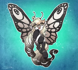 Size: 4096x3705 | Tagged: safe, artist:opalacorn, derpibooru import, oc, oc only, butterfly, hybrid, pony, abstract background, butterfly pony, commission, eye clipping through hair, female, flying, lidded eyes, mare, solo