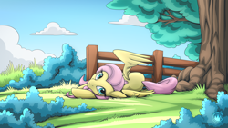 Size: 2560x1440 | Tagged: safe, artist:mysticalpha, derpibooru import, fluttershy, pegasus, pony, g4, cute, female, fence, grass, looking at you, lying down, mare, nature, on side, one wing out, shyabetes, solo, tree, wings