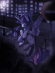 Size: 745x987 | Tagged: safe, artist:不可食用骨, derpibooru import, twilight sparkle, twilight sparkle (alicorn), alicorn, pony, g4, city, eyes closed, female, mare, sitting, solo