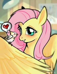 Size: 550x720 | Tagged: safe, artist:不可食用骨, derpibooru import, bird, pegasus, pony, pink hair, smiling, yellow coat