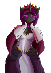 Size: 1144x1616 | Tagged: safe, artist:floppochkin, derpibooru import, oc, oc only, oc:queen lucania, anthro, changeling, changeling queen, equestria at war mod, cape, changeling queen oc, clothes, crown, dress, female, jewelry, purple changeling, purple eyes, purple hair, regalia, royalty, simple background, slit eyes, solo, transparent background