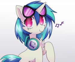 Size: 2577x2111 | Tagged: safe, artist:sillyp0ne, derpibooru import, dj pon-3, vinyl scratch, pony, unicorn, g4, cheek fluff, chest fluff, female, gradient background, high res, horn, looking at you, mare, music notes, smiling, smiling at you, solo, vinyl's glasses