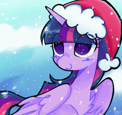 Size: 807x765 | Tagged: safe, artist:sillyp0ne, derpibooru import, twilight sparkle, twilight sparkle (alicorn), alicorn, pony, g4, :3, christmas, eye clipping through hair, female, folded wings, hat, holiday, horn, mare, santa hat, smiling, snow, snowfall, solo, wings, winter