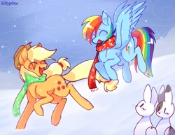 Size: 1473x1136 | Tagged: safe, artist:sillyp0ne, derpibooru import, applejack, rainbow dash, earth pony, pegasus, pony, rabbit, g4, ^^, animal, applejack's hat, clothes, cowboy hat, duo, duo female, eye clipping through hair, eyes closed, female, flying, hat, mare, open mouth, open smile, scarf, smiling, snow, snowfall, spread wings, wings, winter