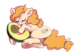 Size: 1280x927 | Tagged: safe, artist:lynxwolf, derpibooru import, pear butter, earth pony, pony, g4, avocado, eyes closed, fanart, female, food, lying down, mare, on side, simple background, sleeping, smiling, solo, unshorn fetlocks, white background