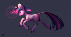 Size: 1280x671 | Tagged: safe, artist:lynxwolf, derpibooru import, twilight sparkle, pony, unicorn, g4, fanart, female, gray background, magic, mare, running, simple background, solo, unshorn fetlocks