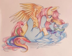 Size: 1127x881 | Tagged: safe, artist:不可食用骨, derpibooru import, fluttershy, rainbow dash, pegasus, pony, g4, duo, female, flutterdash, lesbian, mare, shipping