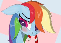 Size: 2286x1616 | Tagged: safe, artist:raritymylove, derpibooru import, rainbow dash, g4, blushing, candy, candy cane, christmas, ears, floppy ears, food, holiday, mouth hold, shy, solo