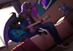 Size: 3508x2480 | Tagged: safe, artist:underpable, derpibooru import, princess luna, oc, oc only, anthro, changeling, bass guitar, commission, musical instrument, plushie, purple changeling, solo