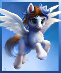 Size: 900x1080 | Tagged: safe, artist:lynxwolf, derpibooru import, oc, oc only, pegasus, pony, chest fluff, flying, gradient background, male, pegasus oc, solo