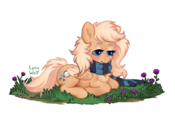 Size: 1280x861 | Tagged: safe, artist:lynxwolf, derpibooru import, oc, oc only, oc:mirta whoowlms, pegasus, pony, chest fluff, clothes, cute, female, flower, island, sad, scarf, simple background, solo, striped scarf, white background