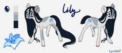 Size: 1280x565 | Tagged: safe, artist:lynxwolf, derpibooru import, oc, oc only, earth pony, pony, g4, black mane, female, long mane, long tail, mare, reference, reference sheet, simple background, solo, spots, tail, white background, white coat