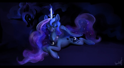 Size: 1280x705 | Tagged: safe, artist:lynxwolf, derpibooru import, nightmare moon, princess luna, alicorn, pony, g4, crown, crying, ethereal mane, jewelry, lying down, necklace, regalia, unshorn fetlocks